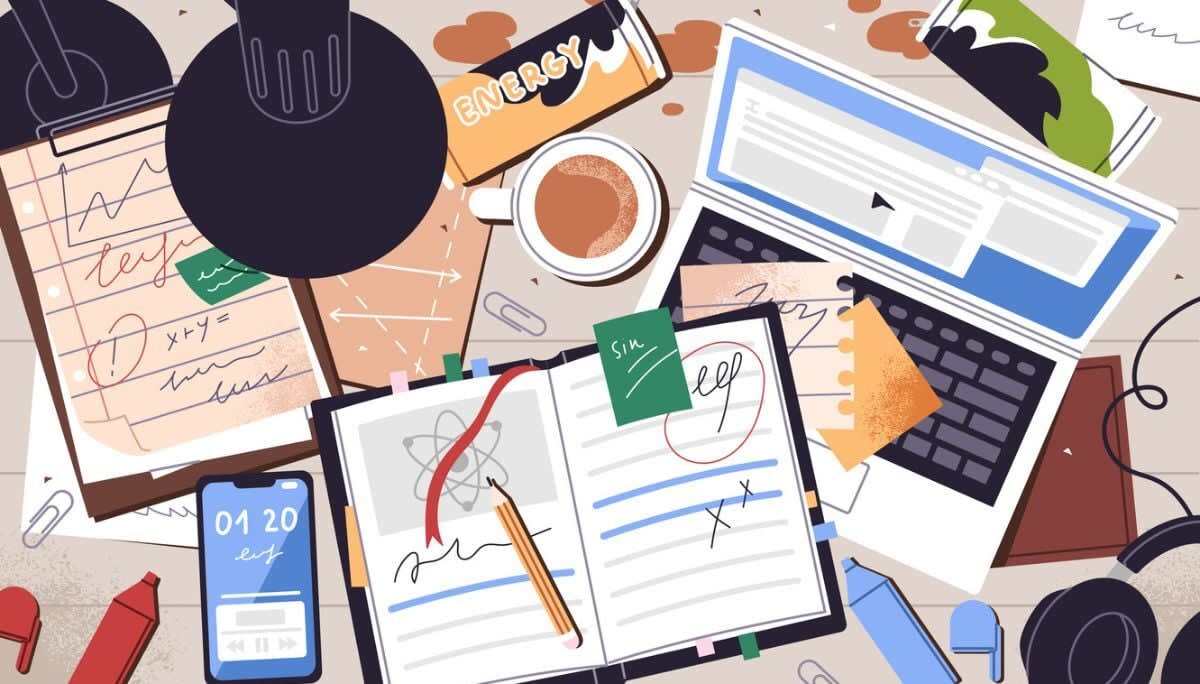 Illustration of an overhead view of a cluttered workspace with a laptop, notes, coffee, and study materials, representing the distractions that undermine deep work.