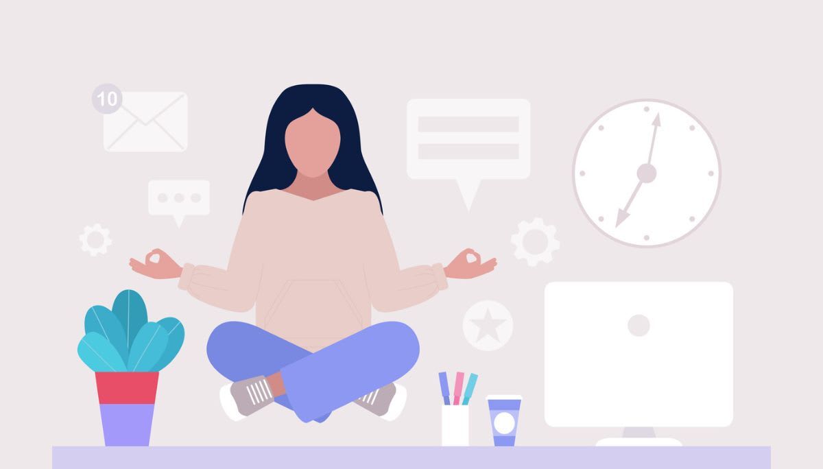 Illustration of a person meditating above a desk surrounded by notifications and icons, symbolizing focus and improving attention span.