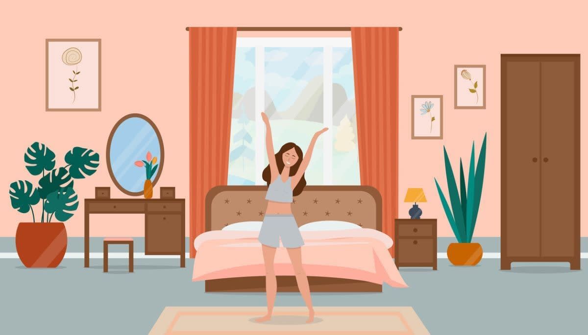 Illustration of a person stretching in a cozy bedroom with plants and sunlight, symbolizing healthy routines for waking up early.