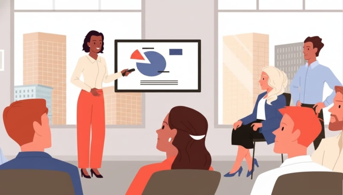 Illustration of a woman presenting to a group of professionals in a modern office using a clicker.