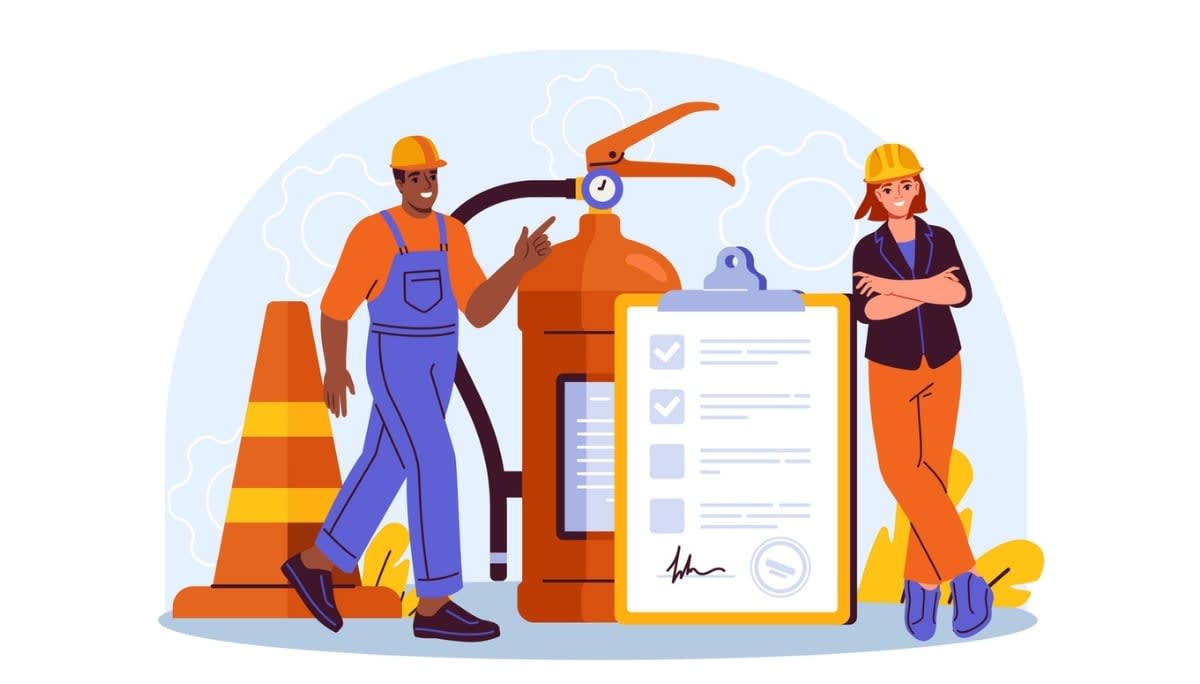 Illustration of two construction workers standing beside safety equipment and a checklist labeled 