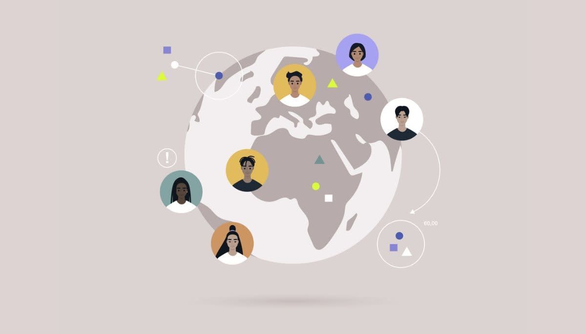 Global communication concept showing diverse individuals linked to a globe, representing remote team dynamics and isolation.
