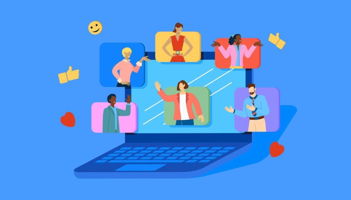 Virtual meeting illustration with laptop and team video tiles, symbolizing Sococo alternatives for remote collaboration.