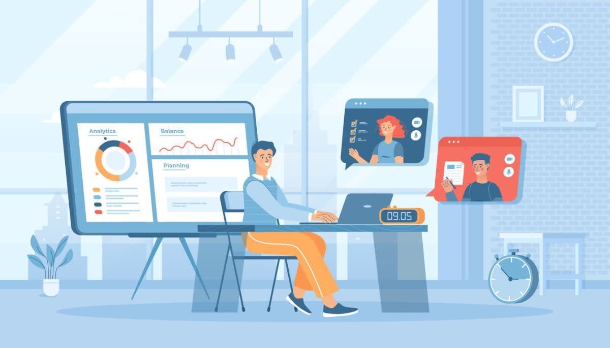 Modern digital office setup with charts and video conferencing, representing how to measure virtual office payoff.