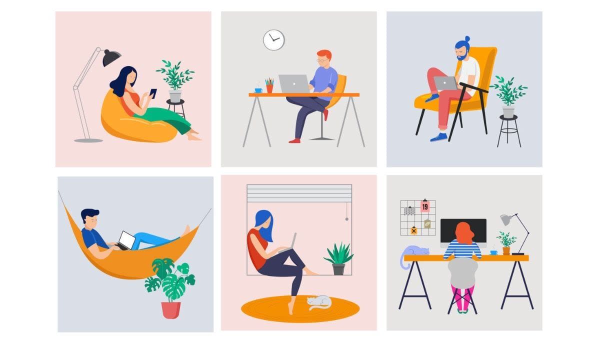 Collage of home office and relaxation spaces, depicting real work‑life balance practices that succeed.