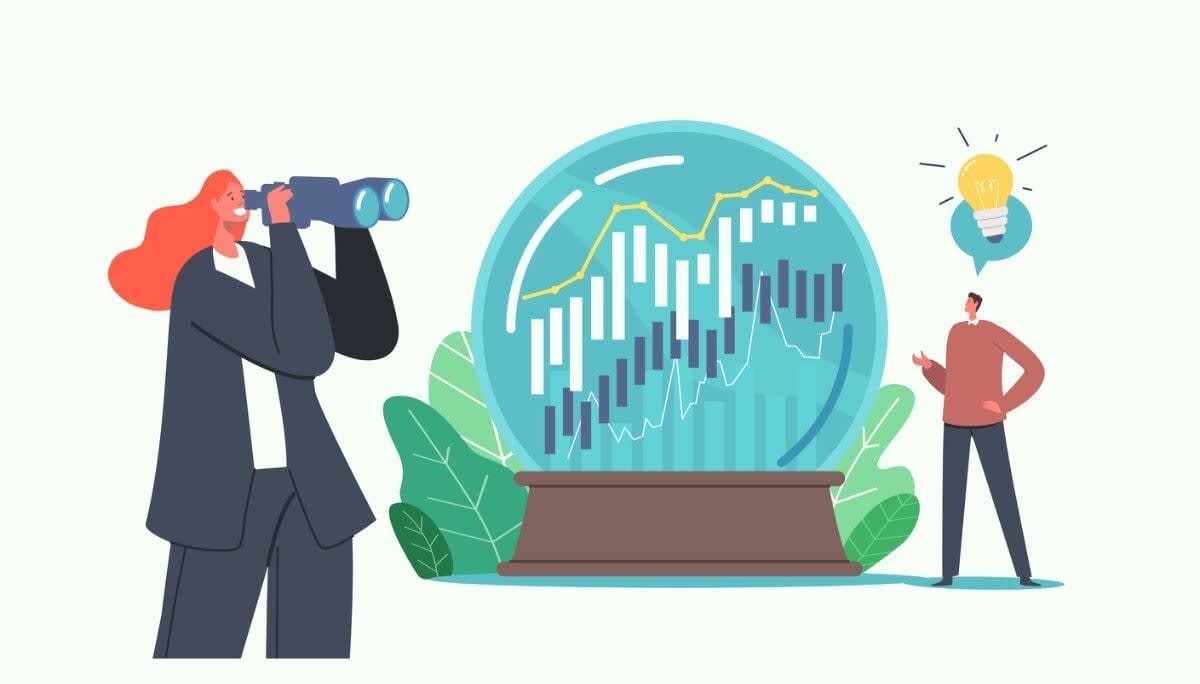 Illustration of people analyzing crystal ball with charts, symbolizing AI‑powered demand forecasting and planning.