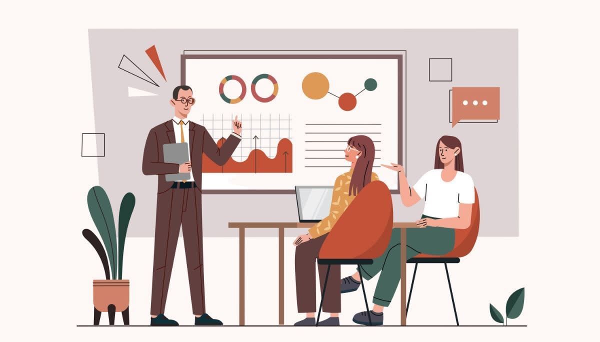 Business presentation with charts and graphs, symbolizing defining and analyzing target audiences.