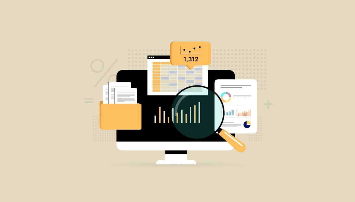 Computer monitor with charts, spreadsheets, and magnifying glass, symbolizing business expense tracking templates.