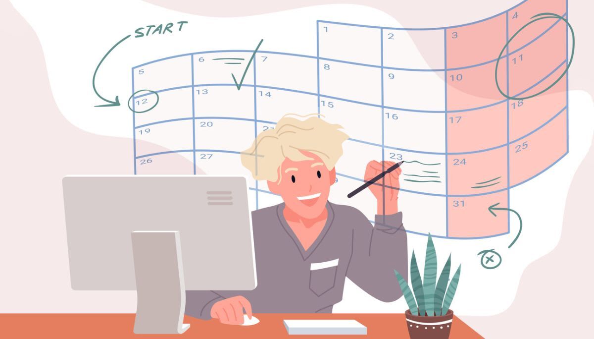 Illustration of professional organizing tasks with calendar, representing business days and yearly scheduling.