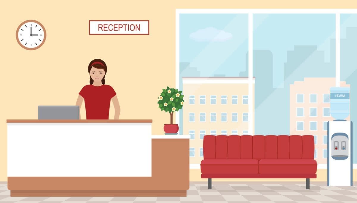 Illustration of office reception area with desk, clock, and seating, representing standard business hours.