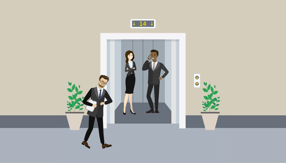 Illustration of office elevator scene with professionals inside and outside, symbolizing how to write an elevator pitch.