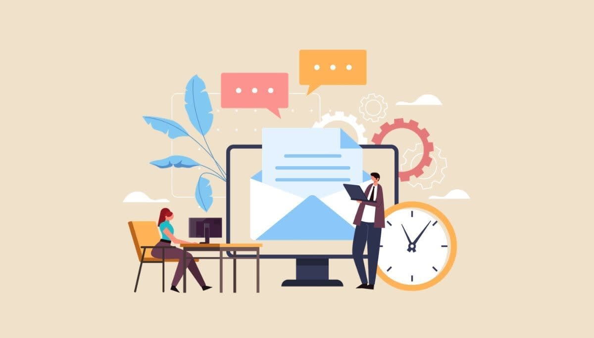 Digital illustration of people working with email on computer, symbolizing how to schedule messages in Outlook.