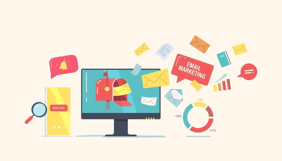 Illustration of computer with mailbox and flying envelopes, symbolizing email open rates and marketing benchmarks.
