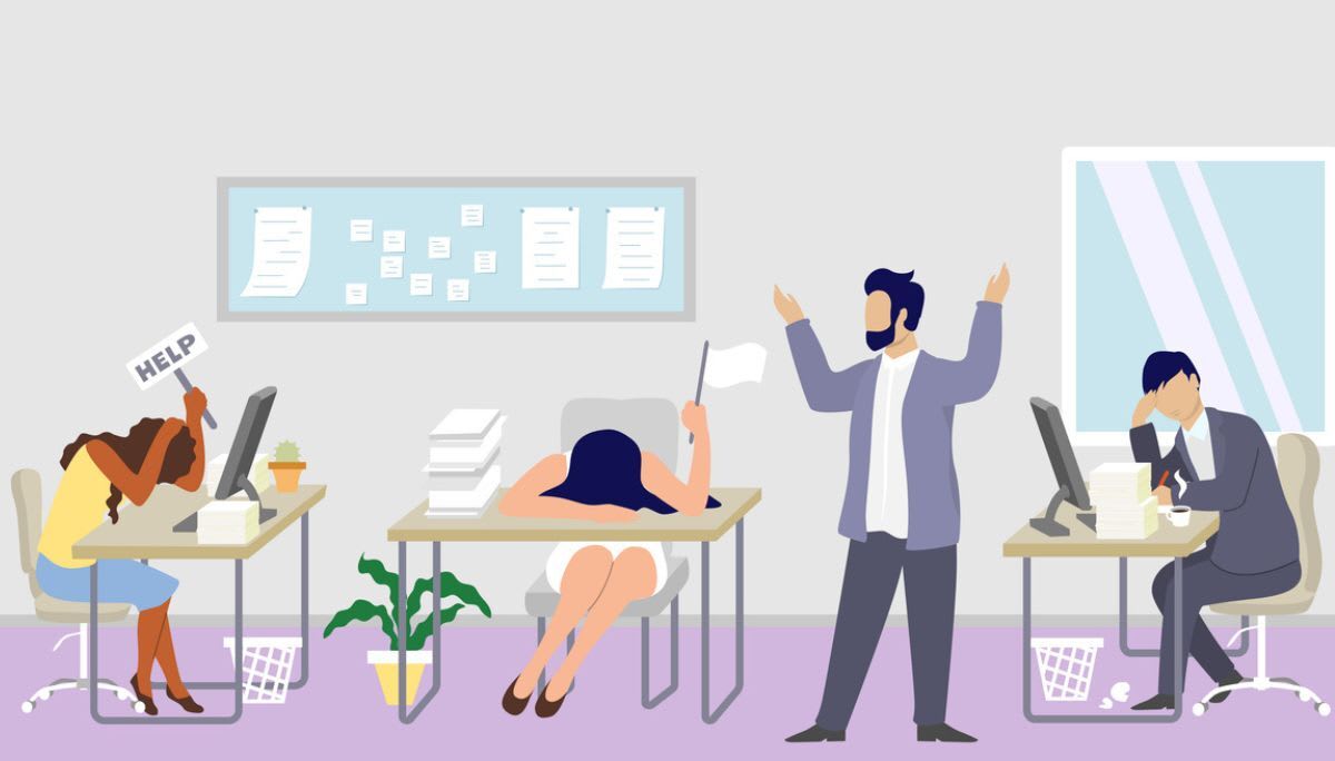 Illustration of stressed office workers with papers and manager addressing team, symbolizing strategies to boost employee morale.