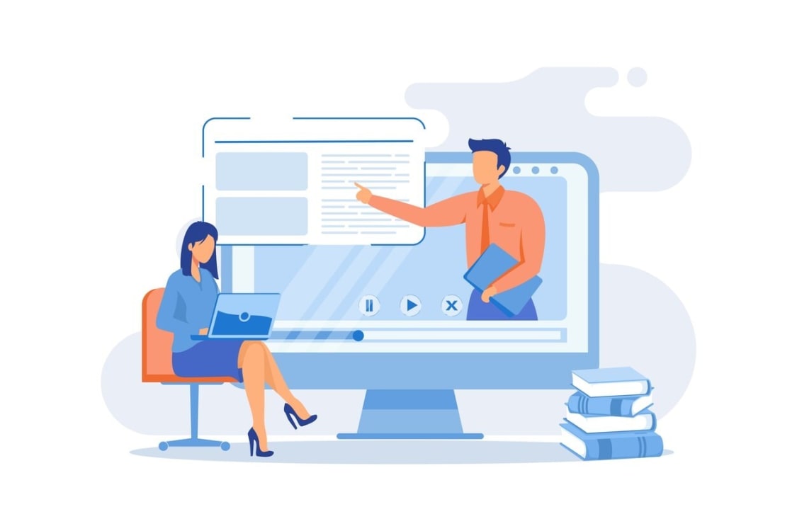 An illustration of a virtual lecture hall setup for a webinar.
