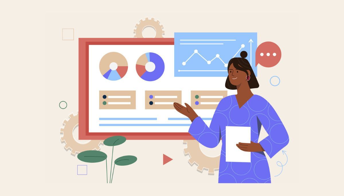 Illustration of professional presenting charts and graphs on board, symbolizing what a feasibility study is and how to run one.