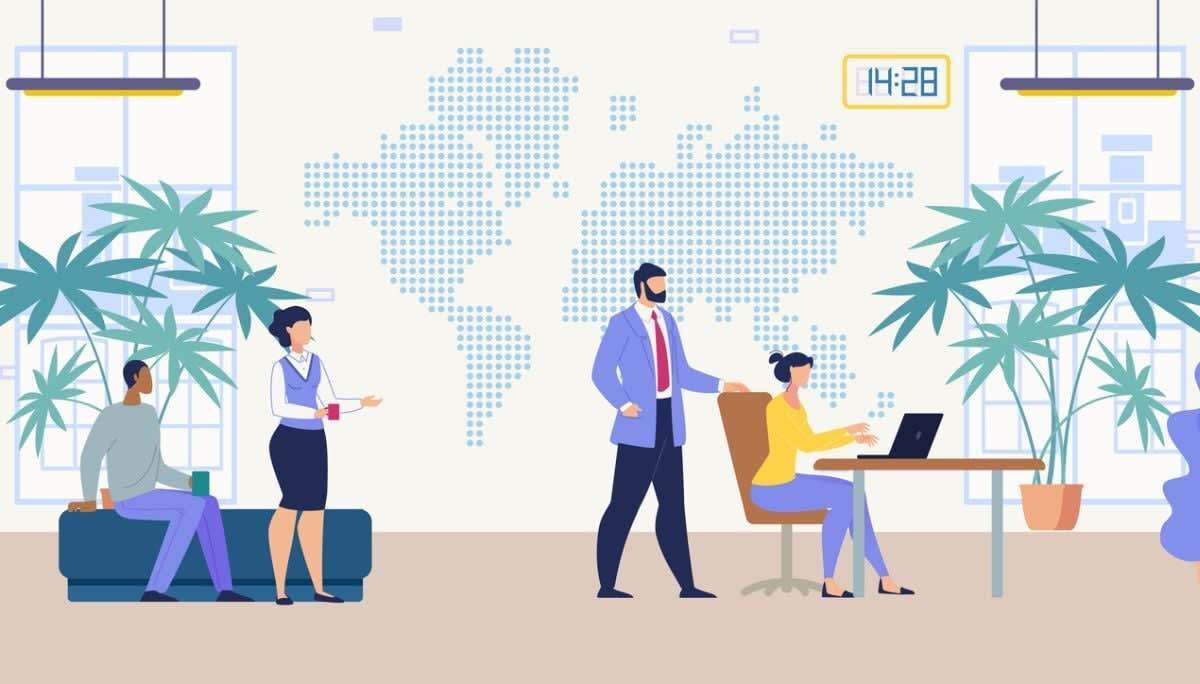 Illustration of a modern office with employees working and talking under world map, symbolizing managing time zones in global teams.