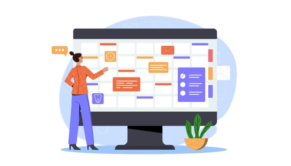 Illustration of person interacting with digital calendar on computer, symbolizing how to schedule emails in Gmail.