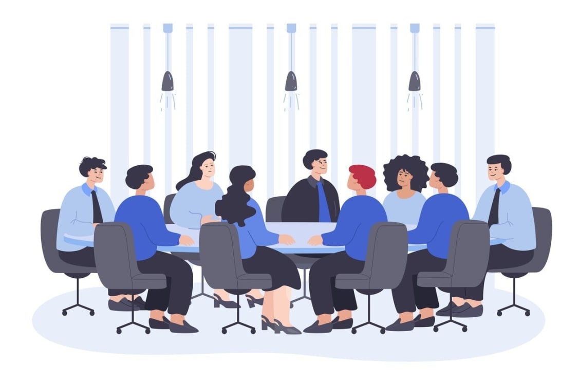 An illustration depicting a team engaged in a daily standup meeting.