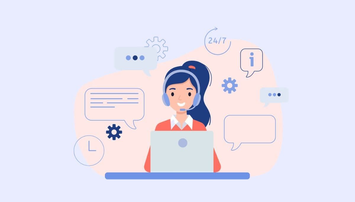 Illustration of person with headset at laptop surrounded by 24/7 support icons, symbolizing best help desk software for small businesses.