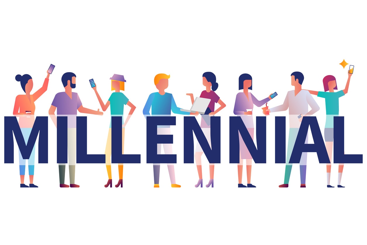 Millennial concept. Group students with gadgets in their hands stock illustration