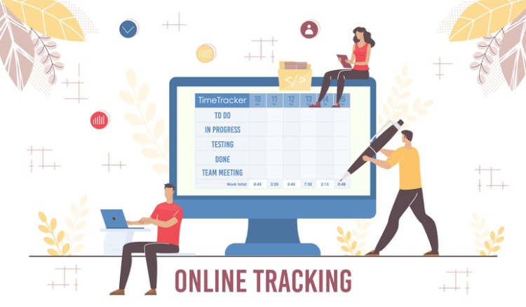 Employees interacting with a digital time tracking dashboard labeled TimeTracker, highlighting flexible clock-in options for modern work environments.