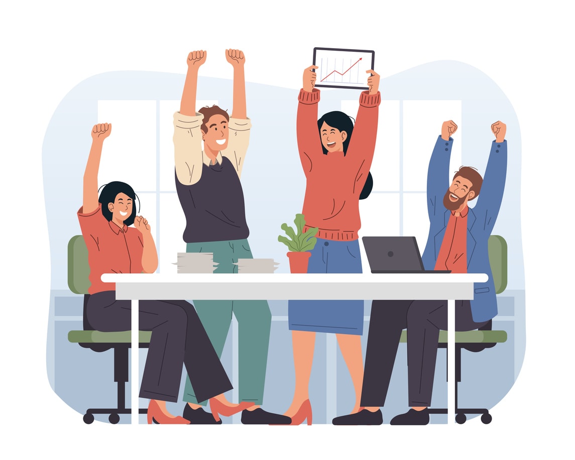 Office workers celebrating project success.