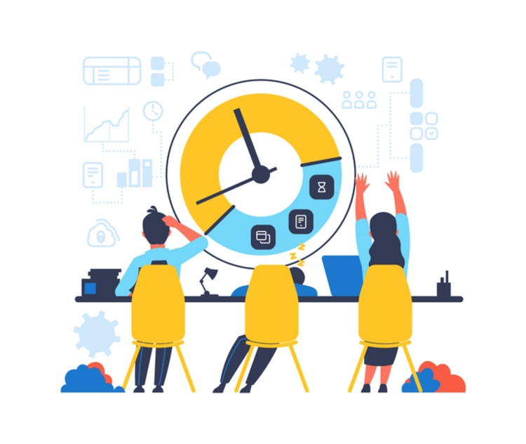 Team collaborating around a time management dashboard with clock, checklist, and productivity icons, illustrating real-world use of staff monitoring software in workplace settings.