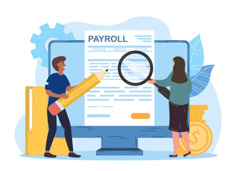 Illustration of two people reviewing a payroll document on a computer screen, symbolizing accurate payroll calculation using decimal hours with a time card calculator.