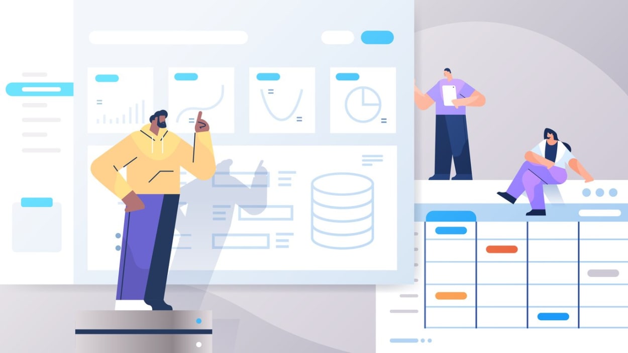Illustration of team interacting with dashboards, charts, and spreadsheets.