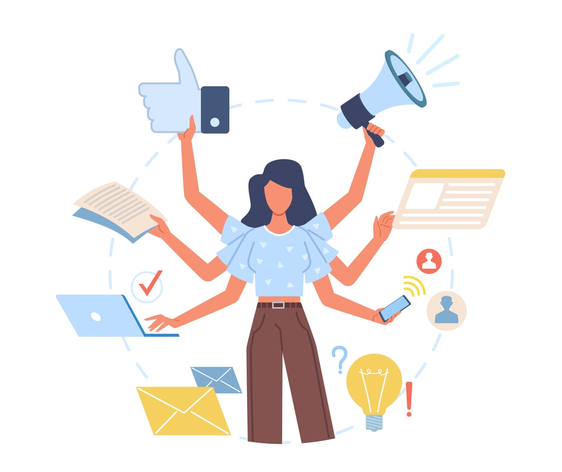 Multitasking woman. Versatile lady effectively decisive multiple cases at same time, hands perform actions, universal worker.