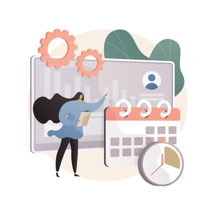 Woman pointing at calendar and charts, representing time management and productivity benefits of attendance tracking software.