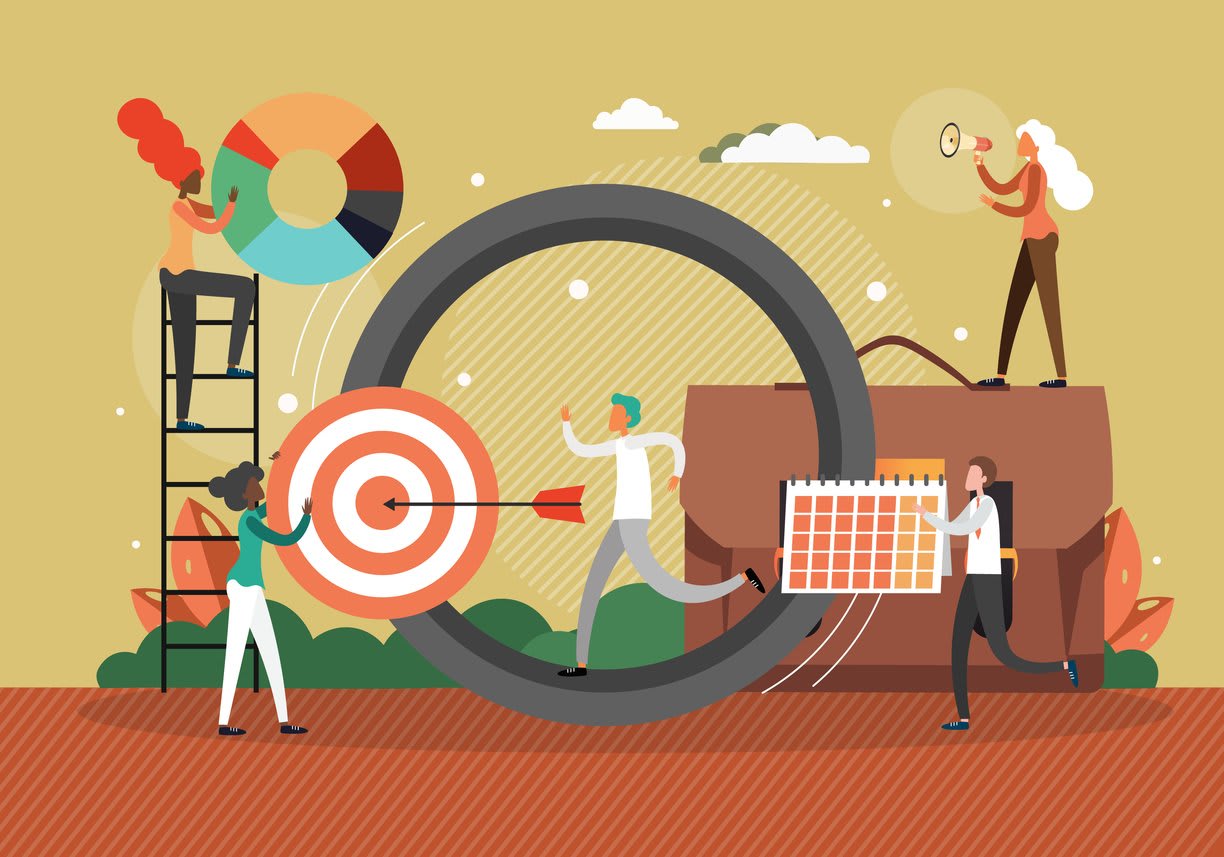 Illustration of professionals engaging in goal-setting activities with charts, calendars, and target icons.