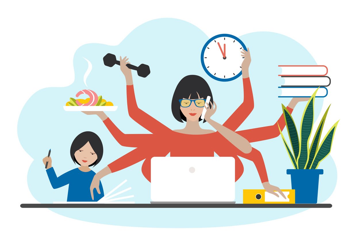 Multitask woman. Mother, businesswoman with child, working, coocking and calling.