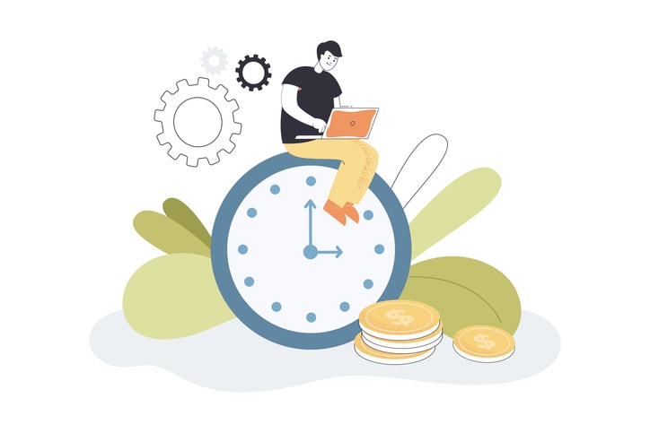 Person working on laptop atop a clock with gears and coins—symbolizing time tracking software costs, productivity, and value.