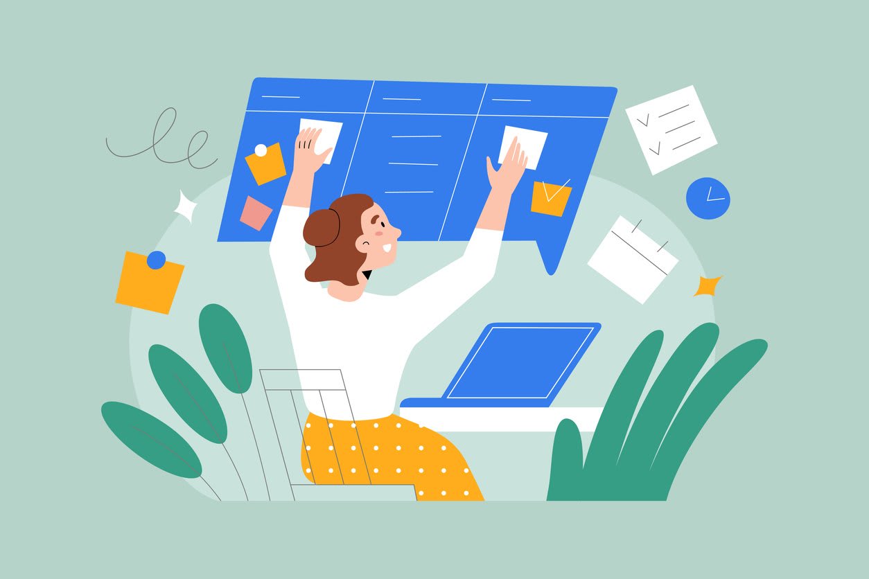 Young woman uses digital planner, creates pins, notes, tables and personal calendar, sits at her desk at home, uses note-taking app on her notebook