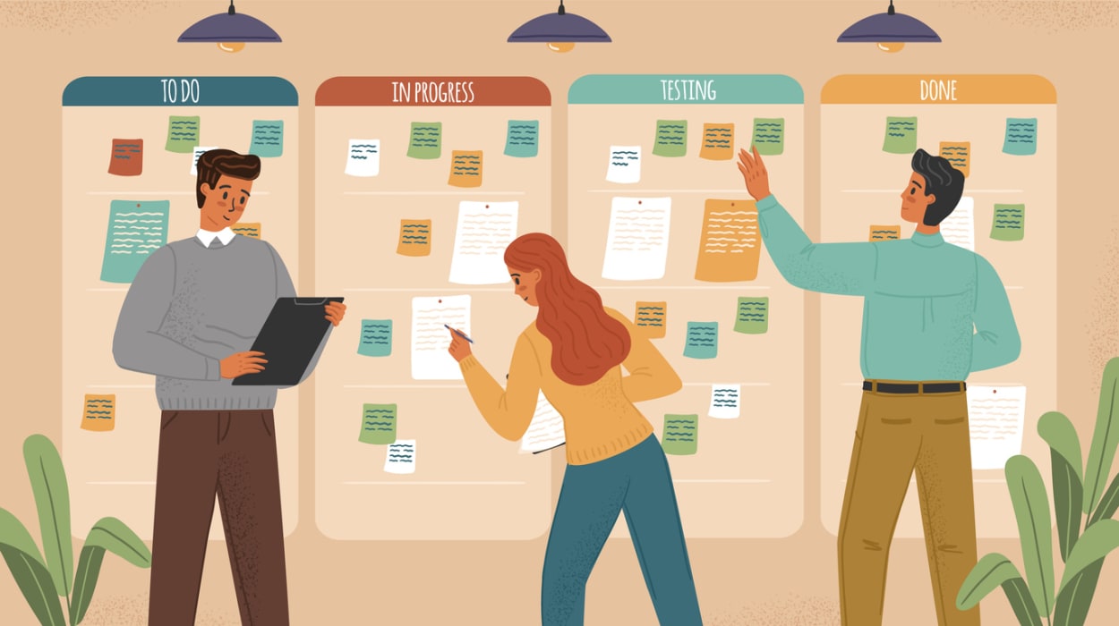 Team collaborating on Kanban board with task columns, symbolizing agile project management and how to run a project retrospective effectively.