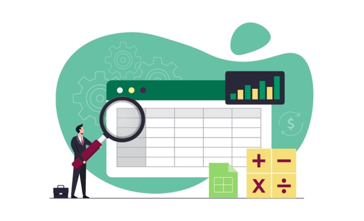 Businessman analyzing spreadsheet with magnifying glass, symbolizing efficient attendance tracking using Excel templates and data tools.