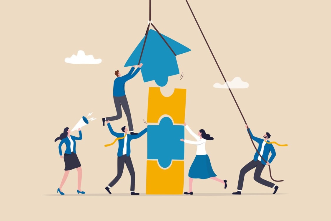 Teamwork working together to success, cooperation or team building collaborate to solve problem, partnership, help and support, business people colleagues help work together