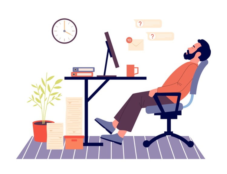 Tired worker at desk with unread notifications and clock, illustrating idle time and workplace downtime.