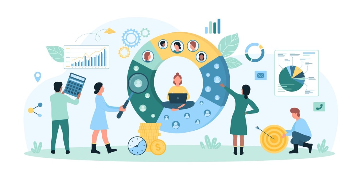 People analyzing charts, coins, and profiles around a central data hub, representing behavioral data in hiring and performance analytics.