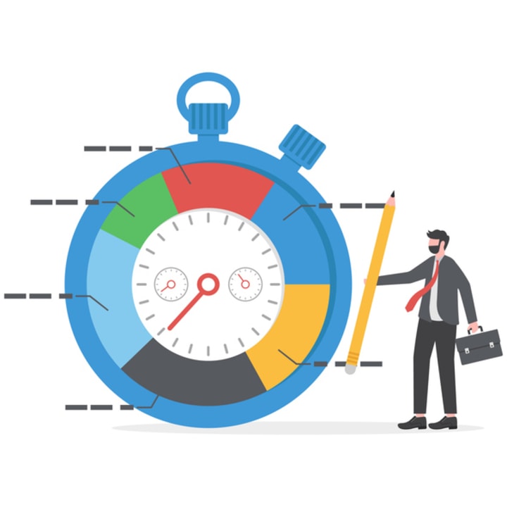 Businessperson with pencil and briefcase standing beside a stopwatch with a segmented pie chart—symbolizing task breakdown, time tracking, and project planning.