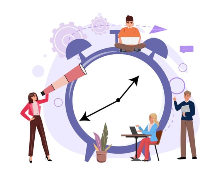 People working around a large clock with laptops and devices, symbolizing the benefits of using work timers for focus, productivity, and time management.