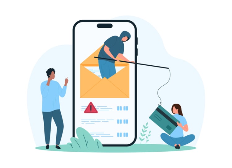 Phishing attacker emerging from smartphone screen hooking victim’s laptop, while alert icon signals email scam response actions.