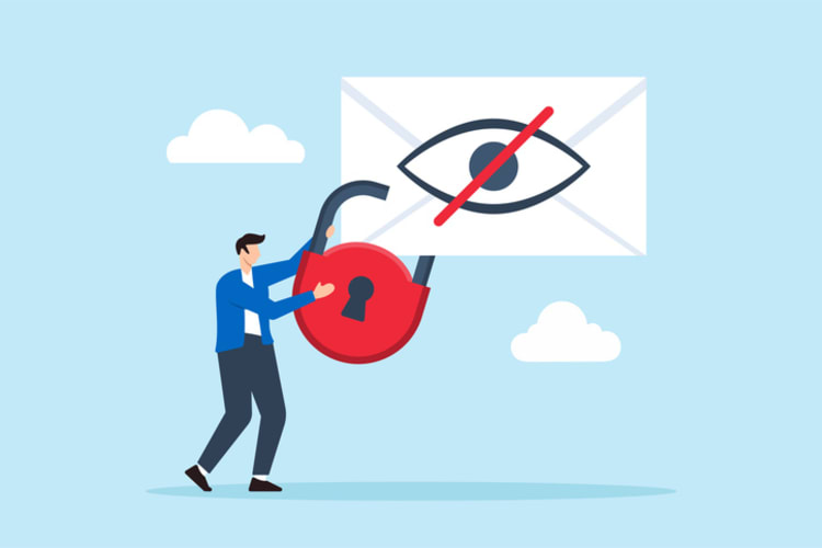 Businessperson holding open padlock in front of private email icon, symbolizing future trends in Business Email Compromise (BEC) attacks and evolving cybersecurity risks.