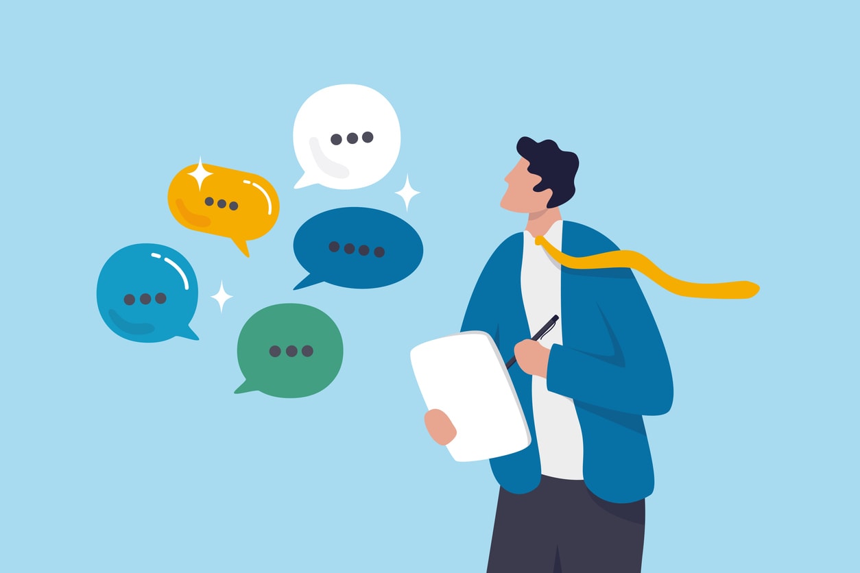 Requirements gathering, client demand or customer opinion, summary or meeting conclusion, stakeholders use case, lecture or meeting note concept, businessman write client requirements from discussion. stock illustration