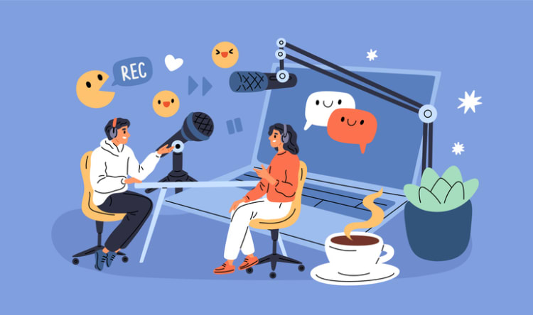 Two people recording a podcast with professional microphones and headphones, surrounded by sound wave icons and speech bubbles, symbolizing high-quality audio and video capture.