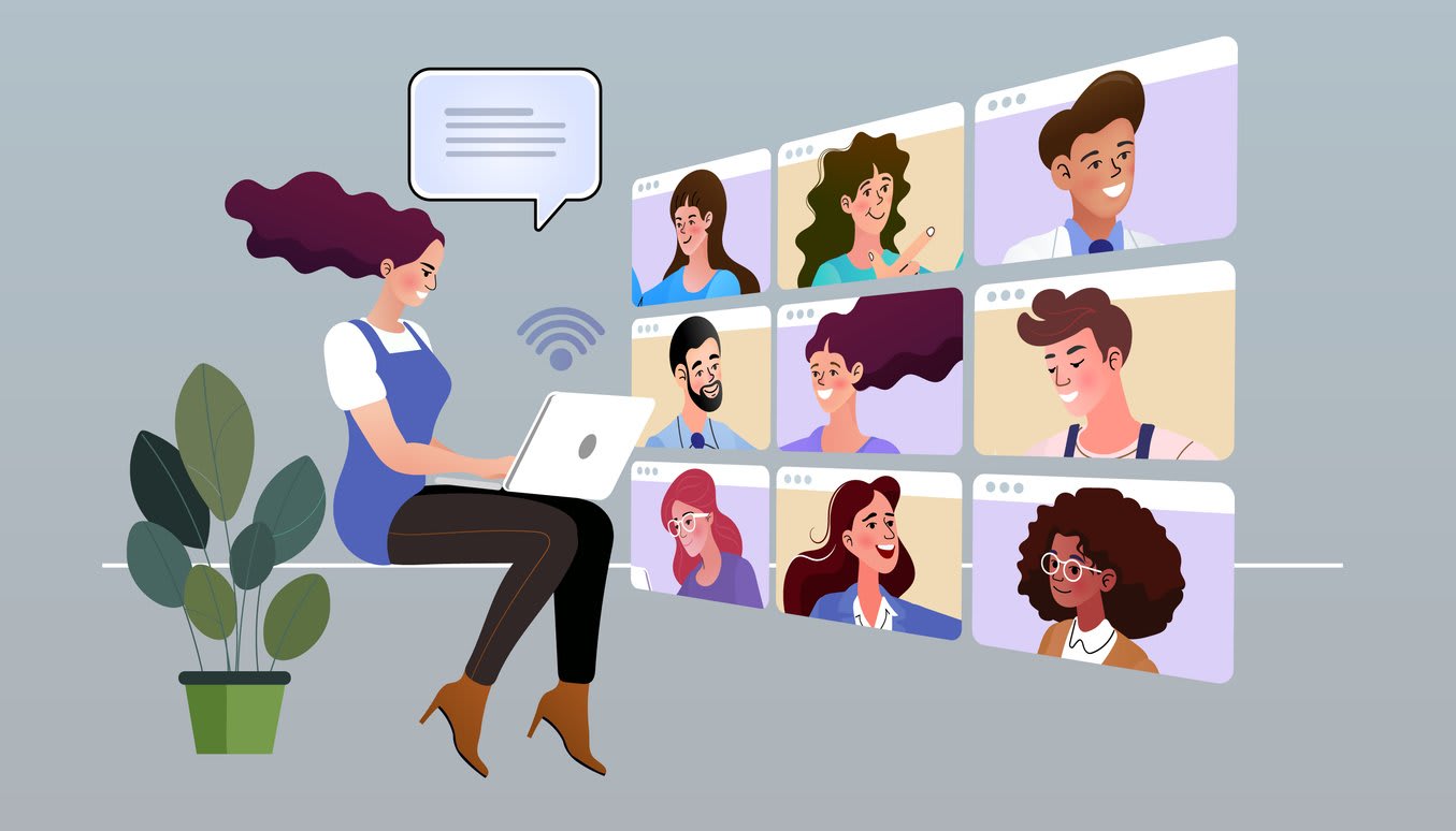 Communication with the team via video online. employee talk on video call with diverse colleagues.