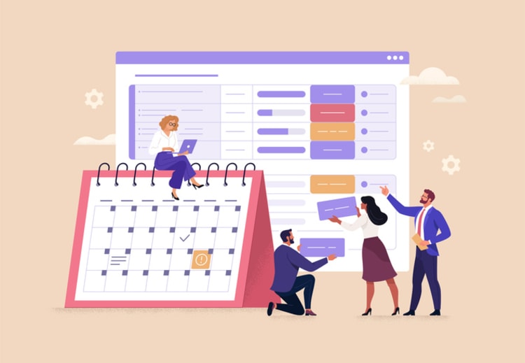 Team collaborating around a digital calendar and task board, illustrating streamlined employee scheduling and shift management.