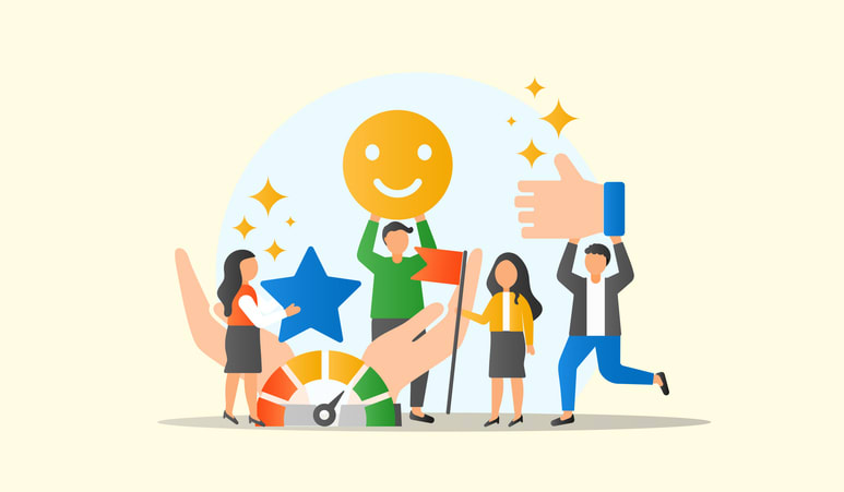 Team celebrating with stars and satisfaction meter, representing effective performance management methods and employee recognition.